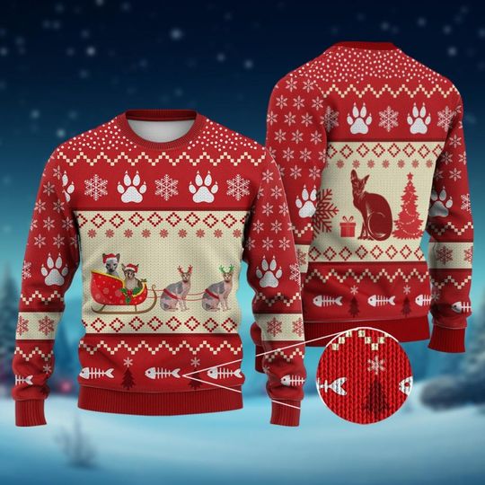 Christmas Sphynx Cat Reindeer Ugly Sweater, Santa Hat Cat Holiday Sweater, Merry Catmas Christmas Shirt, Cute Pet Lover Xmas Gift