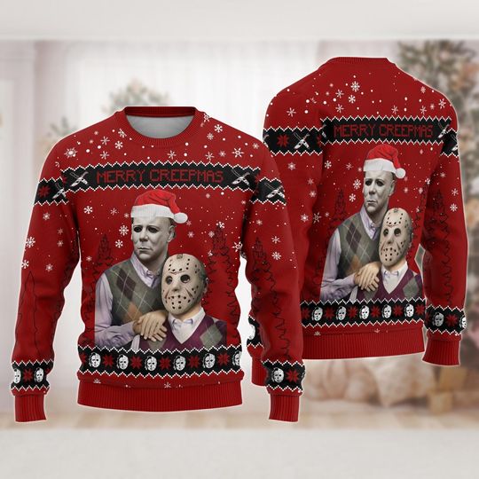 Discover Horror Friends Ugly Sweater, Creepy Holiday Outfit, Spooky Xmas Gift, Horror Ugly Christmas Jumper, Halloween Cosplay Pullover