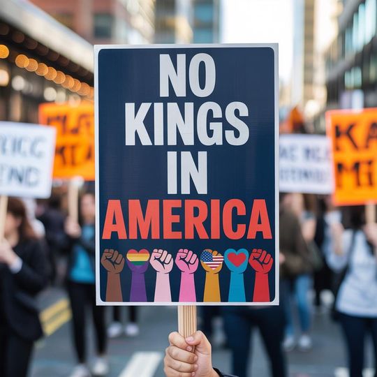 Discover No Kings In America Protest Sign: Activist Art Poster-Includes a wooden handle