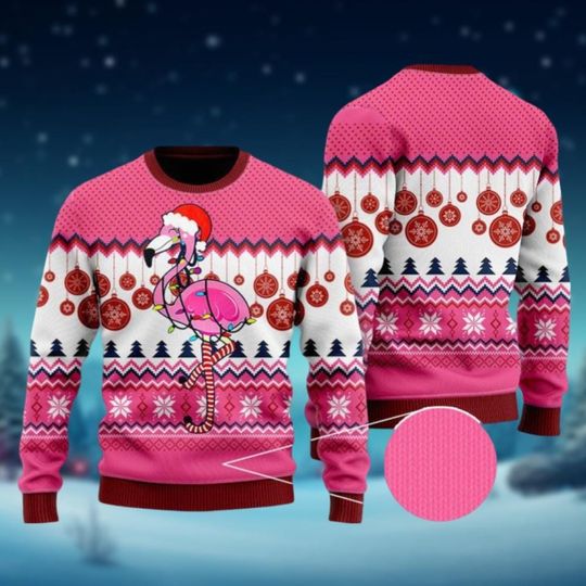 Flamingo Ugly Christmas Sweater, Santa Hat Flamingo Holiday Sweater, Christmas Lights Sweater, Funny Bird Christmas Party Gift