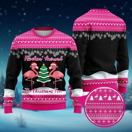 Discover Merry Flocking Ugly Sweater, Flamingo Christmas Sweater, Christmas Tree Shirt, Cute Bird Holiday Gift For Women Men, Ugly Xmas Sweater