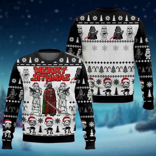 Merry Sithmas Ugly Sweater, Darth Vader Stormtrooper Christmas Lights Sweater, Santa Darth Vader Holiday Sweater, Xmas Party Gift