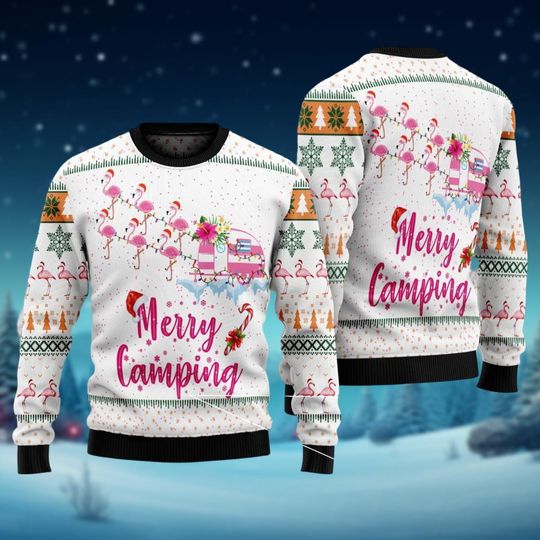 Discover Christmas Flamingos Ugly Sweater, Merry Camping Holiday Sweater, Christmas Lights Shirt, Flamingo Xmas Sweater,Cute Animal Holiday Gift