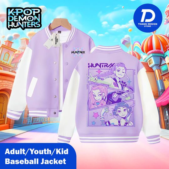 Kpop Huntrix Demon Hunters Varsity Jacket, Unisex Baseball Jacket for Kids, Youth & Adults