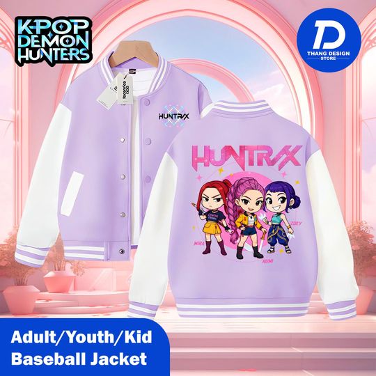Huntrix Demon Hunter Varsity Jacket, Kpop Baseball Jacket for Kids, Youth & Adults