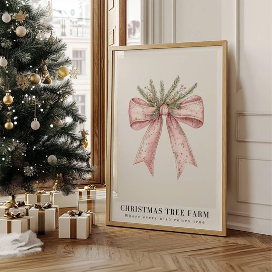 Christmas Tree Farm Poster Print, Pink Ribbon Watercolor Art, Holiday   , Subtle Christmas Gift Idea, Festive Wall Art