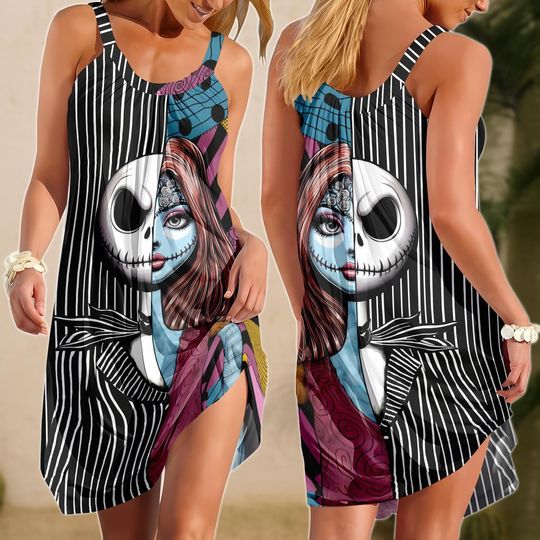 Jack and Sally Sling Dress, Nightmare Before Christmas Split Face Dress, Halloween Costume Dress, Cartoon Summer Outfit