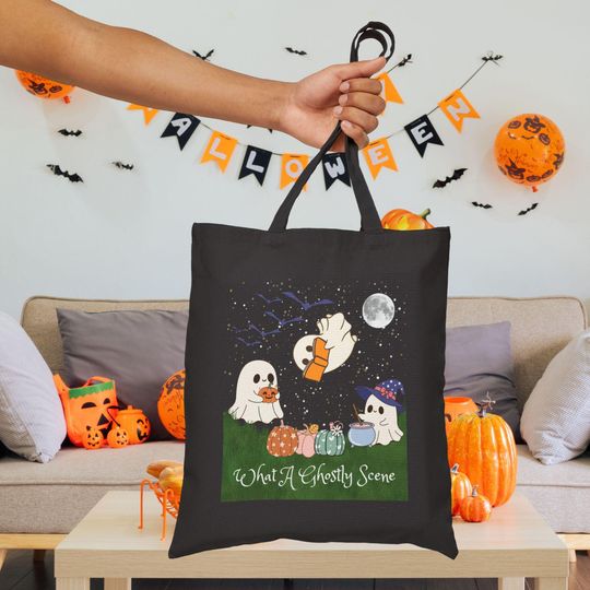 Discover Cute Halloween What A Ghostly Scene Pumpkin Trick or Treat Cotton Tote Bag Halloween Candy Gift for Kids and Adults