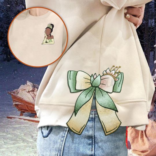 Discover Disney Tiana Inspired Embroidered Sweatshirt  Green Bow Pullover, Princess and the Frog Top, Disney Embroidery Gift Christmas