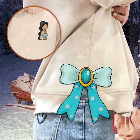 Discover Disney Jasmine Inspired Side Bow Sweatshirt  Aladdin Embroidered Pullover with Teal Satin Bow & Gem Detail, Christmas Gift