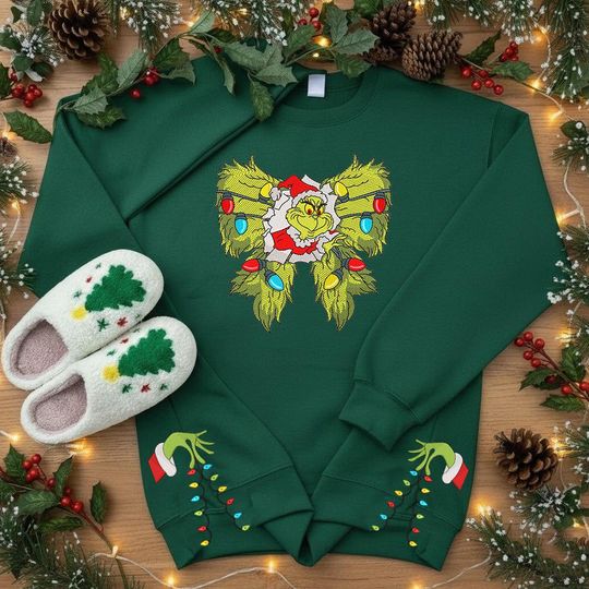funny character Side Bow Cut-Out Embroidered Sweatshirt, Grin Christmas Shirt, Christmas Bow Embellished Sweater Xmas Gift