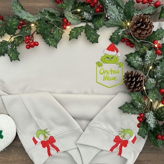 Custom funny character Side Bow Cut-Out Embroidered Sweatshirt, Grin Christmas Shirt, Christmas Bow Embellished Sweater Xmas Gift