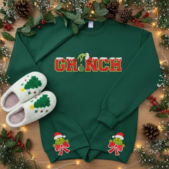 funny character Side Bow Cut-Out Embroidered Sweatshirt, Grin Christmas Shirt, Christmas Bow Embellished Sweater Xmas Gift