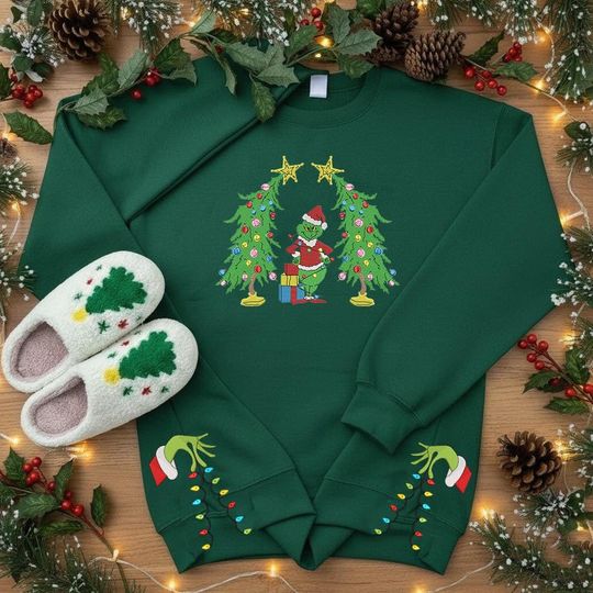 funny character Tree Side Bow Cut-Out Embroidered Sweatshirt, Grin Christmas Shirt, Christmas Bow Embellished Sweater Xmas Gift