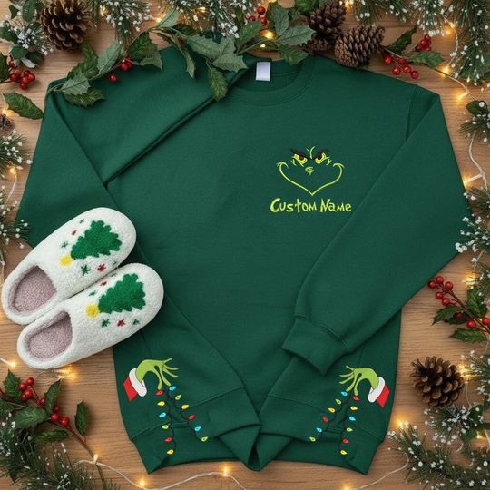 Custom funny character Side Bow Cut-Out Embroidered Sweatshirt, Grin Christmas Shirt, Christmas Bow Embellished Sweater Xmas Gift