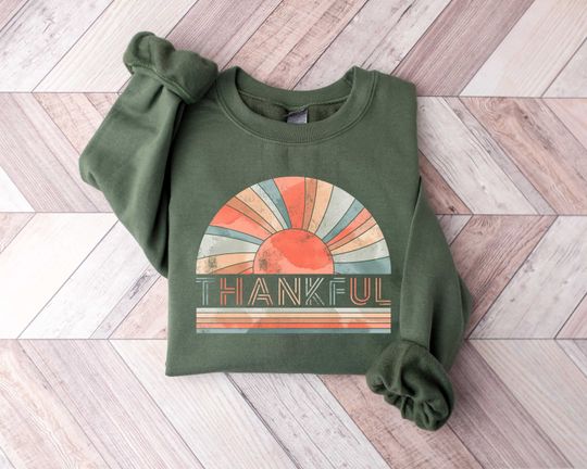 Discover Retro Thankful Sweatshirt, Thanksgiving Sweatshirt, Thanksgiving Crewneck