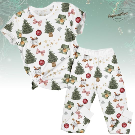 Discover Christmas Tree Print T-Shirt Pajamas Set, Holiday Sleepwear, Cozy Winter Lounge PJs, Festive Gift Outfit for Her and Family