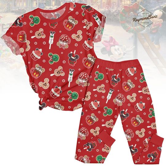 Red Christmas Treat T-Shirt Pajamas Set, Cute Gingerbread Cookie and Candy Print Sleepwear, Holiday Loungewear for Women, Cozy Xmas Gift