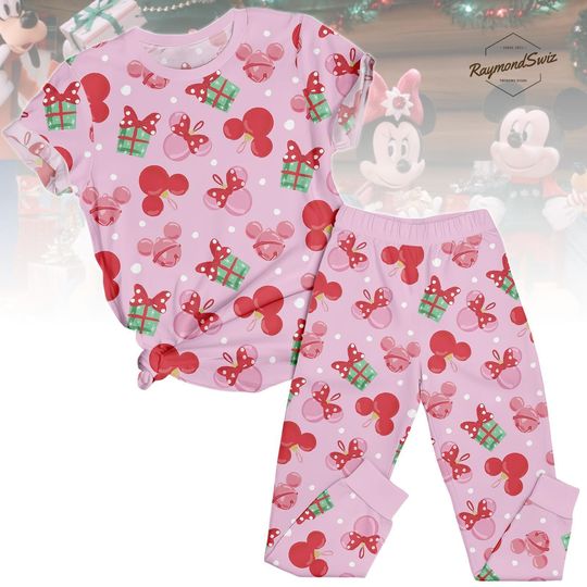 Discover Pink Christmas T-Shirt Pajamas Set, Cute Bow and Gift Print Matching Holiday PJs, Cozy Long Sleeve Sleepwear, Xmas Gift Outfit