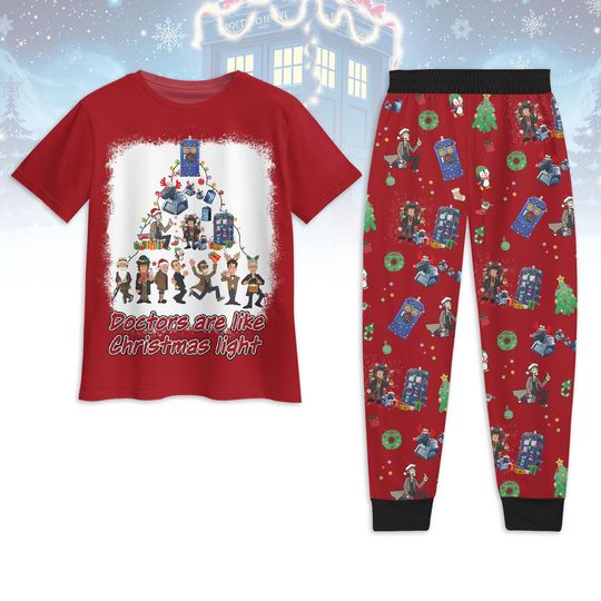 Christmas Doctor Who T-Shirt Pajamas Set, Dr Who T-Shirt And Pajamas Pants, TV Series Pajamas Family, Tardis Police Box Pjs, Gift For Whovian