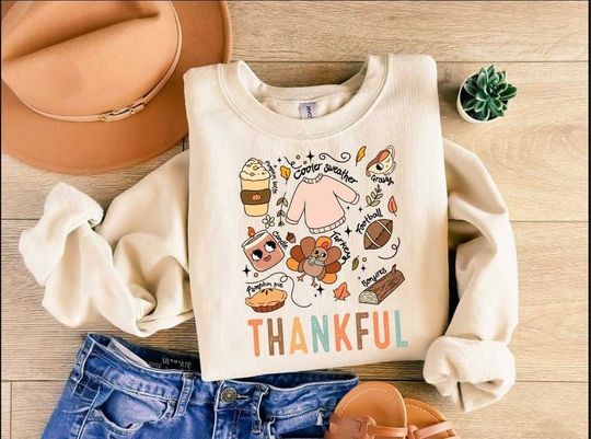 Discover Retro Thankful Sweatshirt, Thanksgiving Sweatshirt, Thanksgiving Crewneck