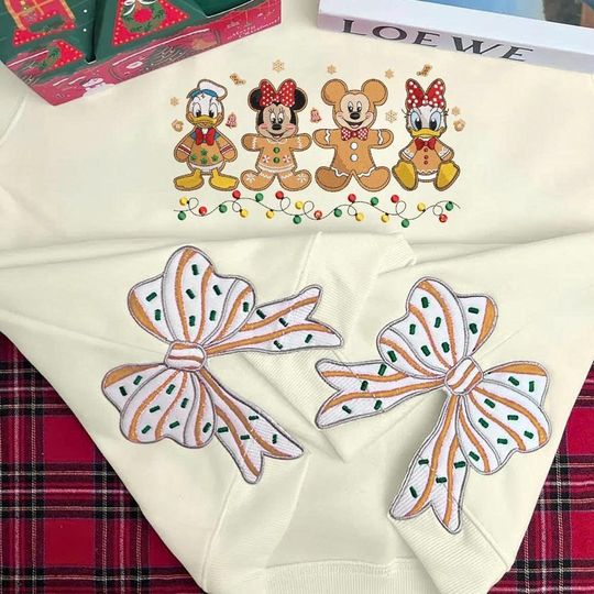 Discover Christmas Mk gingerbread Embroidered Sweatshirt, Christmas Side Bow Shirt, Bow Sweatshirt Christmas, WDW Cartoon Fan Gift, Winter Gift