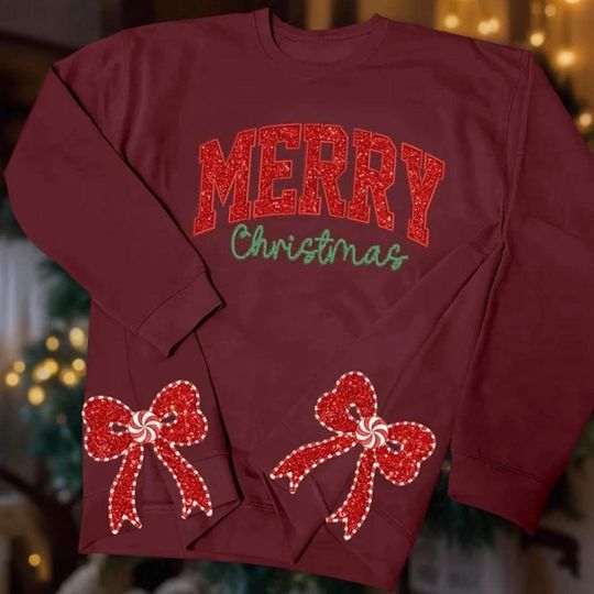 Discover Embroidered Festive Merry Christmas Side Bow Sweatshirt with Red Glitter Candy Bow Design, Cozy Holiday Pullover, Cute Christmas Gift
