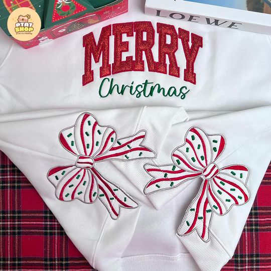 Discover Merry Christmas Side Bow Embroidered Sweatshirt, christmas side bow,bow sweatshirt christmas,christmas crewneck bows,coquette bow embroidery