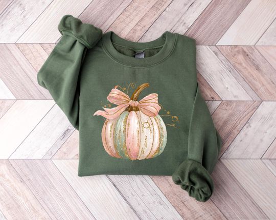 Discover Watercolor Pumpkin Long Sleeve, Coquette Bow Pumpkin Sweatshirt