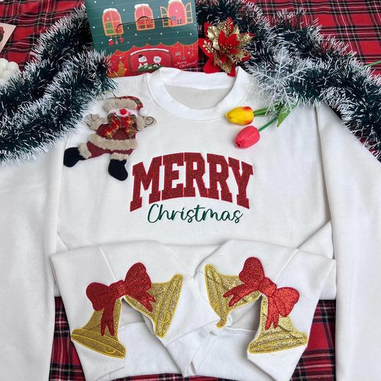 Discover Merry Christmas Embroidered Sweatshirt with Side Bow Bells, Festive Holiday Pullover, Cute Xmas Outfit, Cozy Winter Gift
