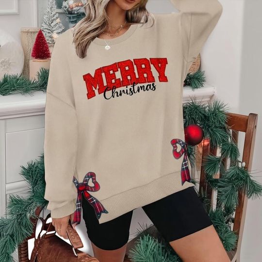Discover Glitter Merry Christmas Side Bow Embroidered Sweatshirt, Glitter Christmas Sweatshirt, Side Bow Applique Hoodie, Christmas Bow Shirt