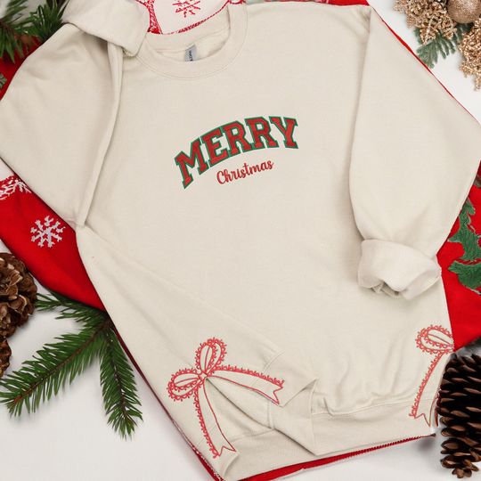 Discover Embroidered Christmas Sweatshirt: Side Bow Coquette Holiday Crewneck
