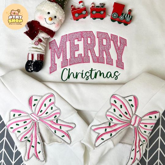 Discover Merry Christmas Side Bow Embroidered Sweatshirt, christmas crewneck bows, Side Bow Applique, bow sweatshirt christmas, christmas side bow