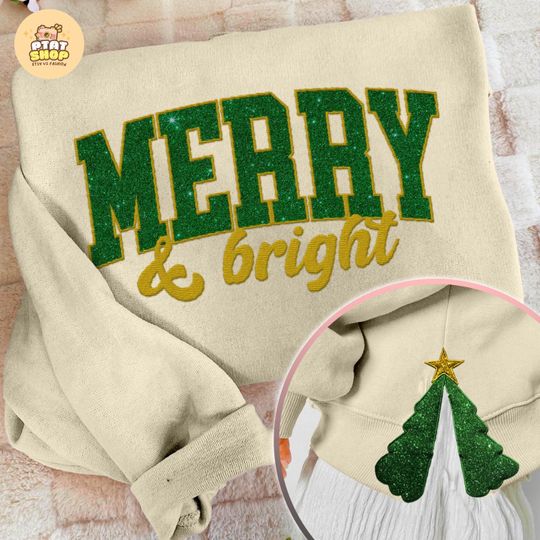Merry and Bright Side Bow Embroidered Sweatshirt, Glitter Christmas Shirt, Side Bow Applique Hoodie, Christmas Bow Shirt, Holiday Apparel