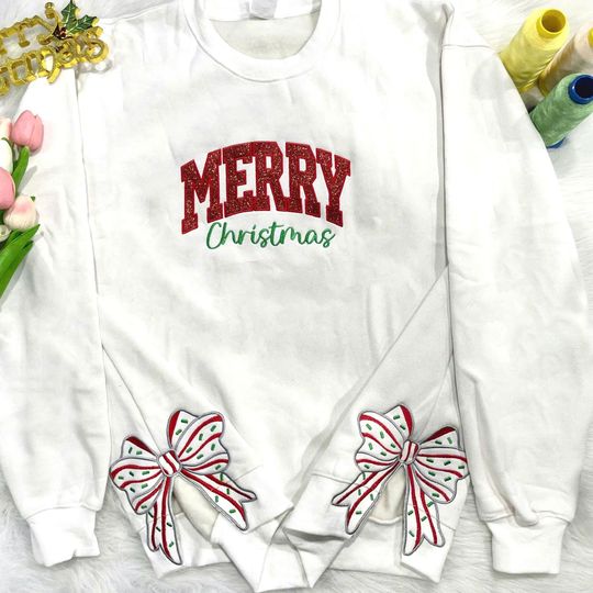 Discover Merry Christmas Side Bow Embroidered Sweatshirt, Glitter Christmas Sweatshirt, Side Bow Applique Hoodie, Christmas Bow Shirt,Holiday Apparel