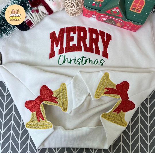 Discover Merry Christmas Side Bow Embroidered Sweatshirt, Glitter applique Christmas shirt, Christmas Side Bow, Christmas Sweatshirt, Holiday Apparel