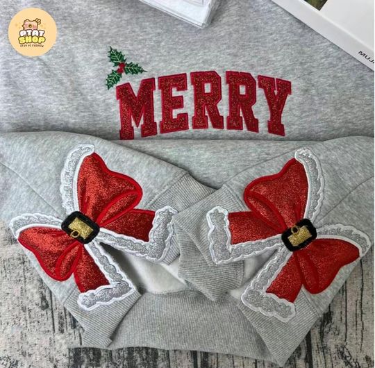 Merry Christmas Side Bow Embroidered Sweatshirt, Glitter applique Christmas shirt, Christmas Side Bow, Christmas Sweatshirt, Holiday Apparel