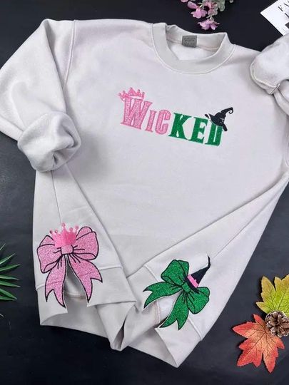 Wicked Glitter Side Bow Embroidered Sweatshirt, Elphaba And Glinda sweatshirt, Embroidered Wickeds Defy Gravity Sweatshirt
