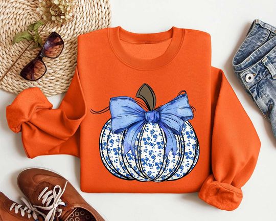 Discover Coquette Blue Pumpkin Sweatshirt, Western Fall Shirt, Fall Coquette Bow Sweatshirt
