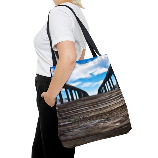 Discover AOP Tote Bag- Beach Boardwalk and sky