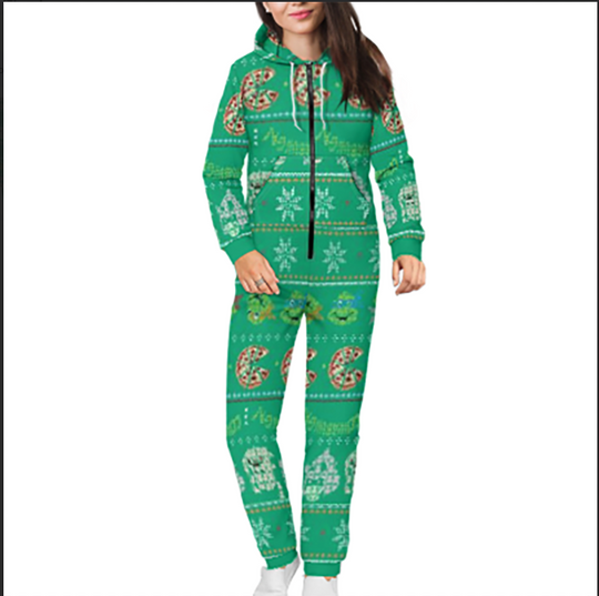 Adult Teenage Mutant Ninja Turtles Krang Pizza Green Hooded One Piece Pajama