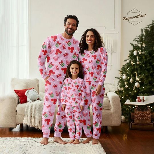 Discover Pink Christmas Family Pajamas Set, Cute Bow and Gift Print Matching Holiday PJs, Cozy Long Sleeve Sleepwear, Xmas Gift Outfit