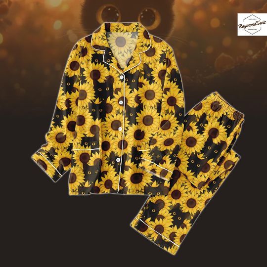 Discover Black Cat PJs Long Set, Sunflower Thick Pajamas Set, Flow Matching PJs Set, Long Sleeve Pjs, Flow Cat Pyjama, Boho Style, Gift for Cat Lover