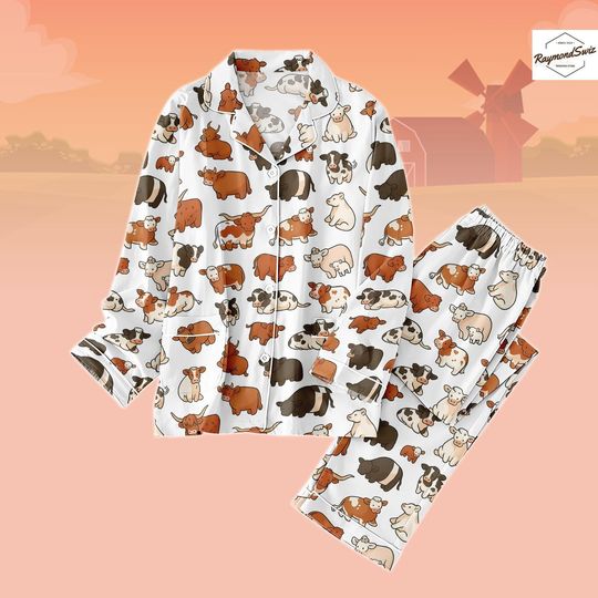 Chibi Cow Pajamas Set, Cute Cartoon Cow Thick PJs, Long Pants Pajama, Cute Matching Pyjama Set, Cute Sleepwear Gif
