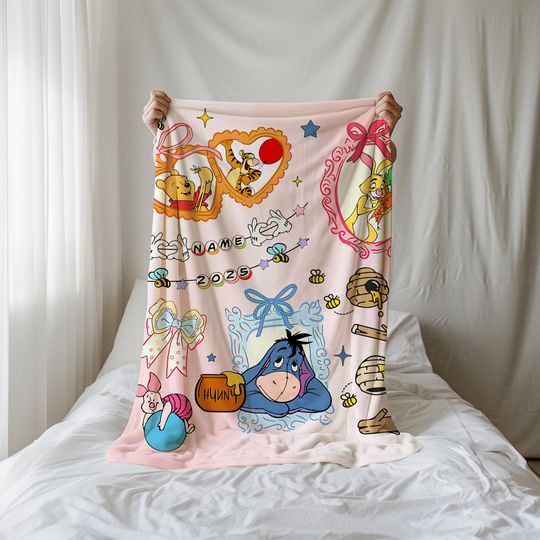 Discover Personalized Coquette Bow Pooh & Friends Fleece Blanket, Disneyland Birthday Girl Girly Aesthetic Throw