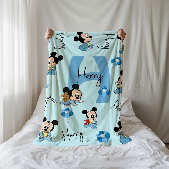 Discover Personalized Baby Mickey Blanket with Custom Name, Nursery Fleece Blanket, Blue Gender-Neutral Baby Shower Gift