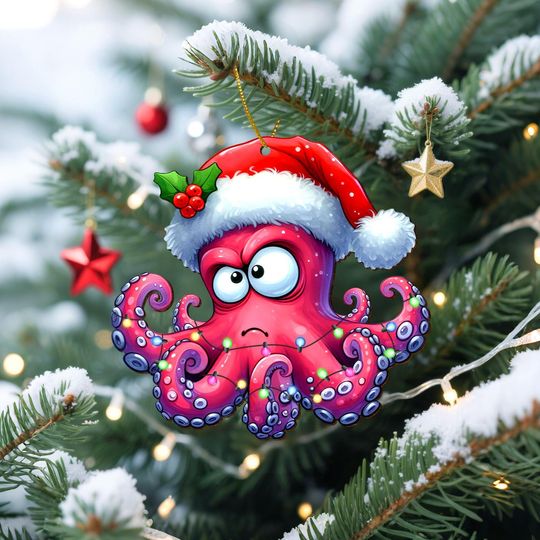 Christmas Octopus Wooden Ornament, Funny Santa Hat Sea Creature Xmas Decor, Cute Ocean Animal Ornament, Holiday Tree Decoration