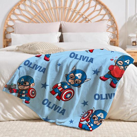 Captain America Personalized Fleece Blanket, Marvel Avengers Custom Name Throw