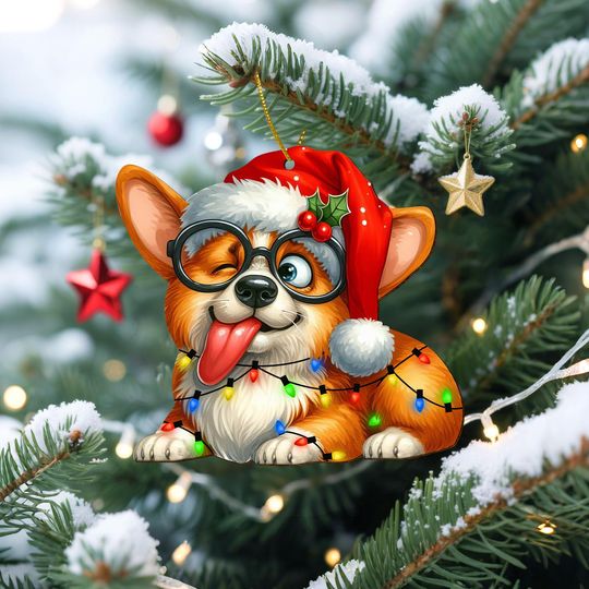 Christmas Corgi Wooden Ornament, Cute Dog in Santa Hat Xmas Decor, Funny Puppy Christmas Tree Ornament, Pet Lover Holiday Gift