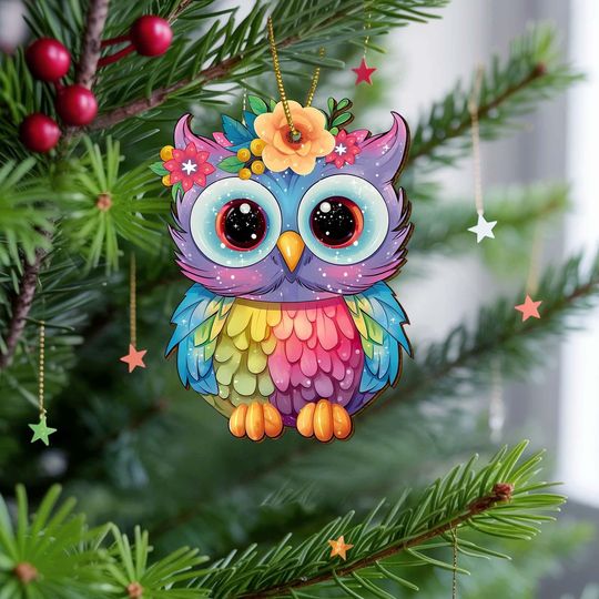 Owl Wooden Ornament, Cute Rainbow Bird Christmas Tree Decor, Kawaii Animal Ornament with Flowers, Holiday Decoration